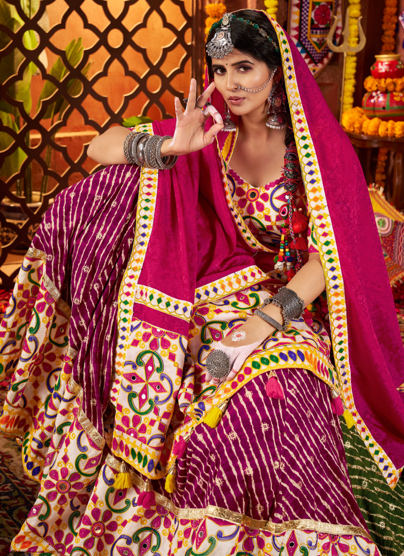 Real Mirror Gamthi Work Viscose Cotton Multi Color Navratri Ghagra Choli