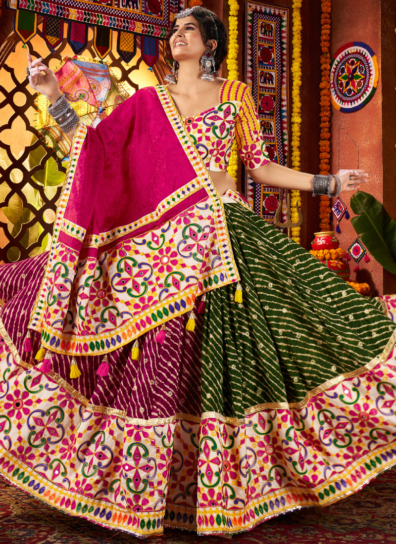 Real Mirror Gamthi Work Viscose Cotton Multi Color Navratri Ghagra Choli
