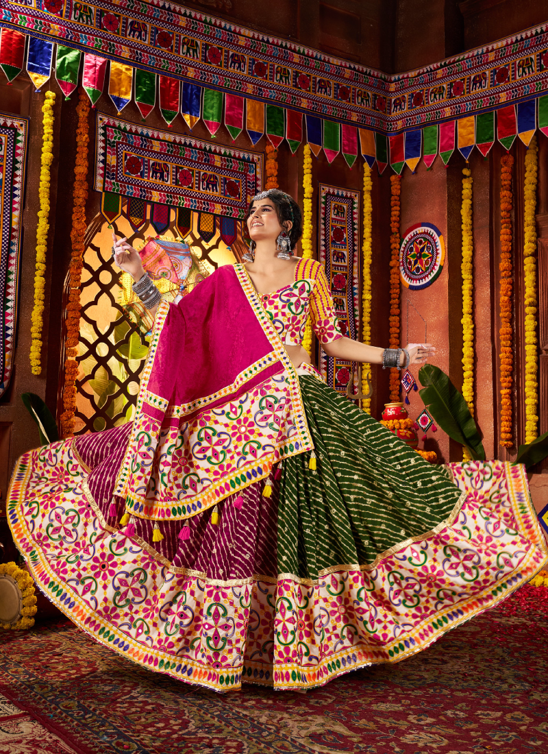 Real Mirror Gamthi Work Viscose Cotton Multi Color Navratri Ghagra Choli