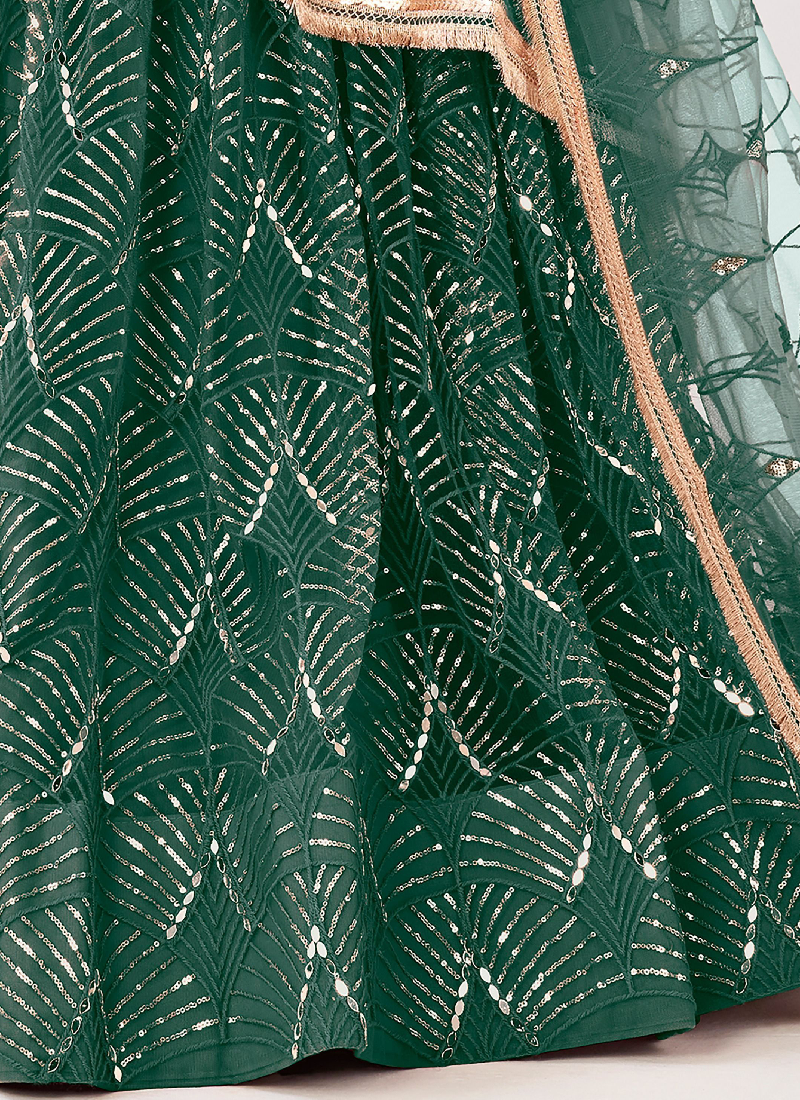 Real Mirror Work Soft Net Green Lehenga Choli For Women