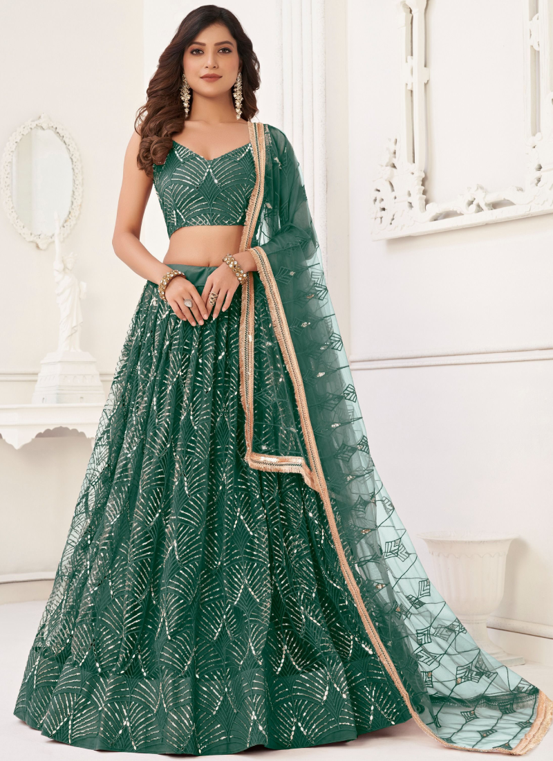Real Mirror Work Soft Net Green Lehenga Choli For Women