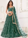 Real Mirror Work Soft Net Green Lehenga Choli For Women