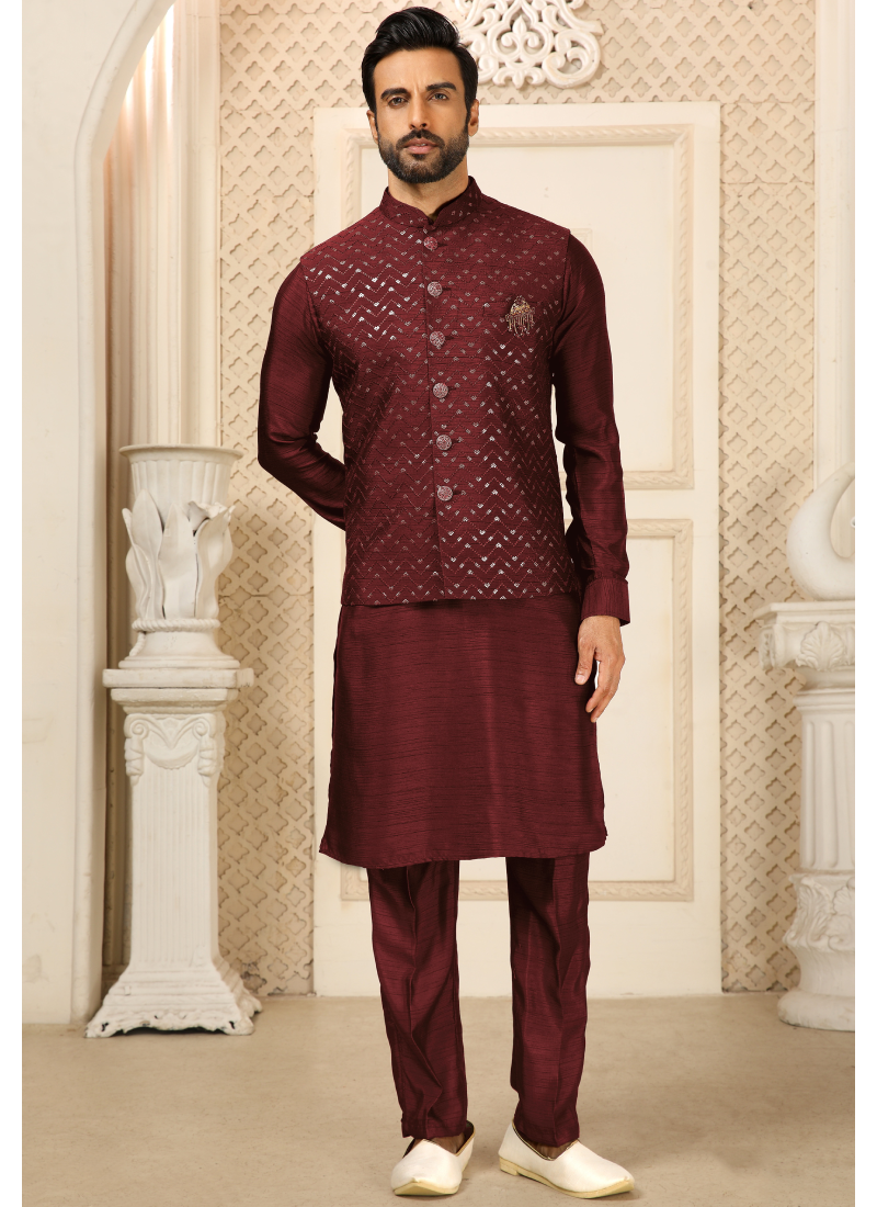 Sequence Work Maroon Silk Material Mens Koti Kurta Set