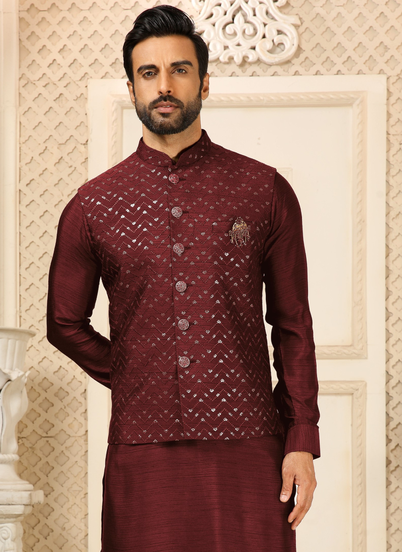 Sequence Work Maroon Silk Material Mens Koti Kurta Set