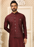 Sequence Work Maroon Silk Material Mens Koti Kurta Set