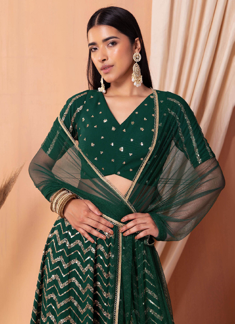 Sequence Work Georgette Green Lehenga Choli For Mehendi Function