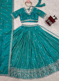 Silk Sequence Embroidery Rama Green Lehenga Choli With Dupatta