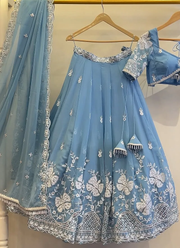 Sky Blue Thread Embroidered Georgette Lehenga Choli For Wedding