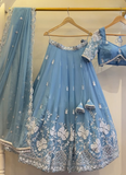 Sky Blue Thread Embroidered Georgette Lehenga Choli For Wedding