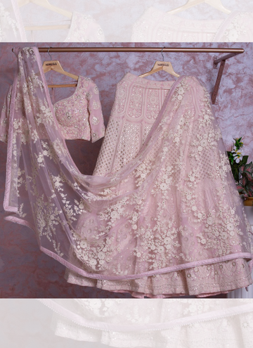 Thread Embroidered Georgette Baby Pink Lehenga Choli For Women