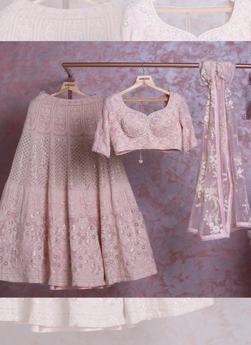 Thread Embroidered Georgette Baby Pink Lehenga Choli For Women