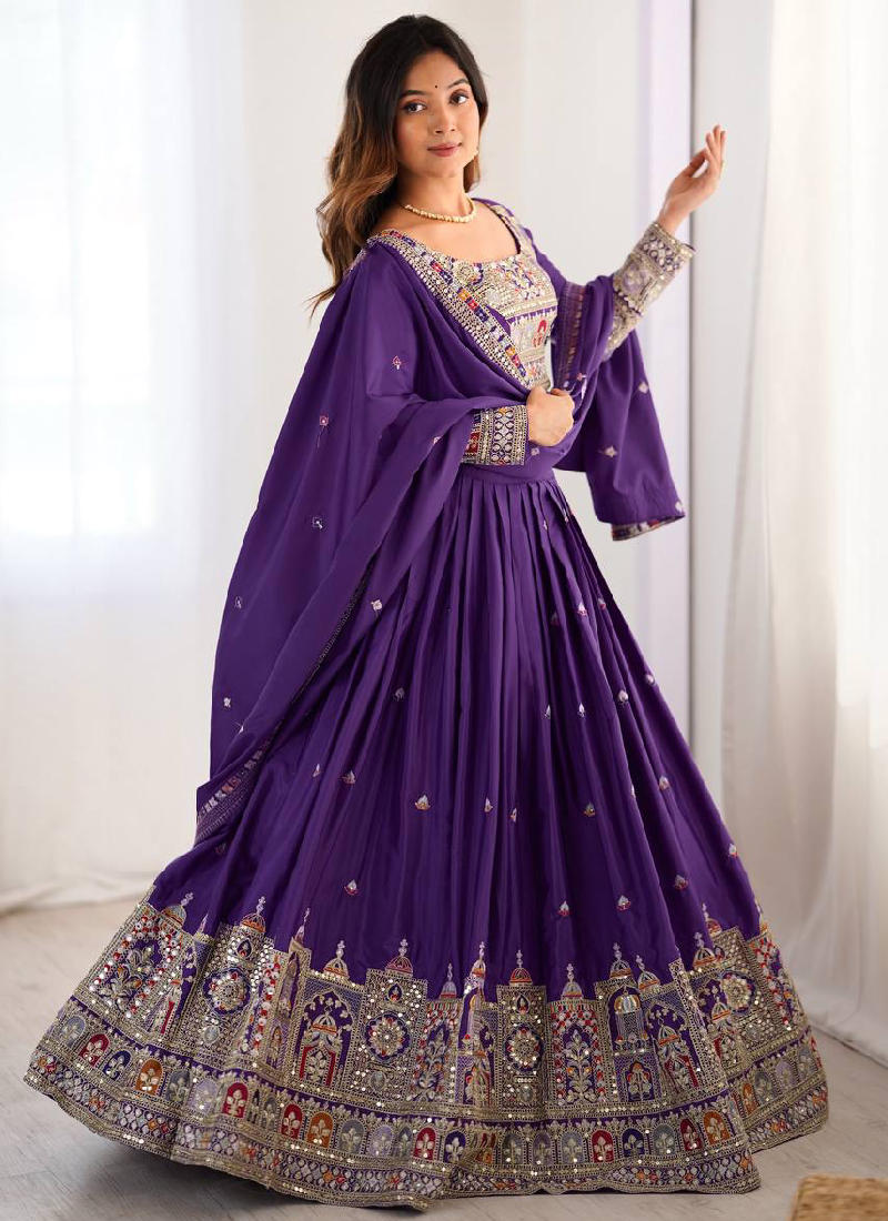 Wonderful Purple Thread Embroidery Work Silk Lehenga Choli For Women