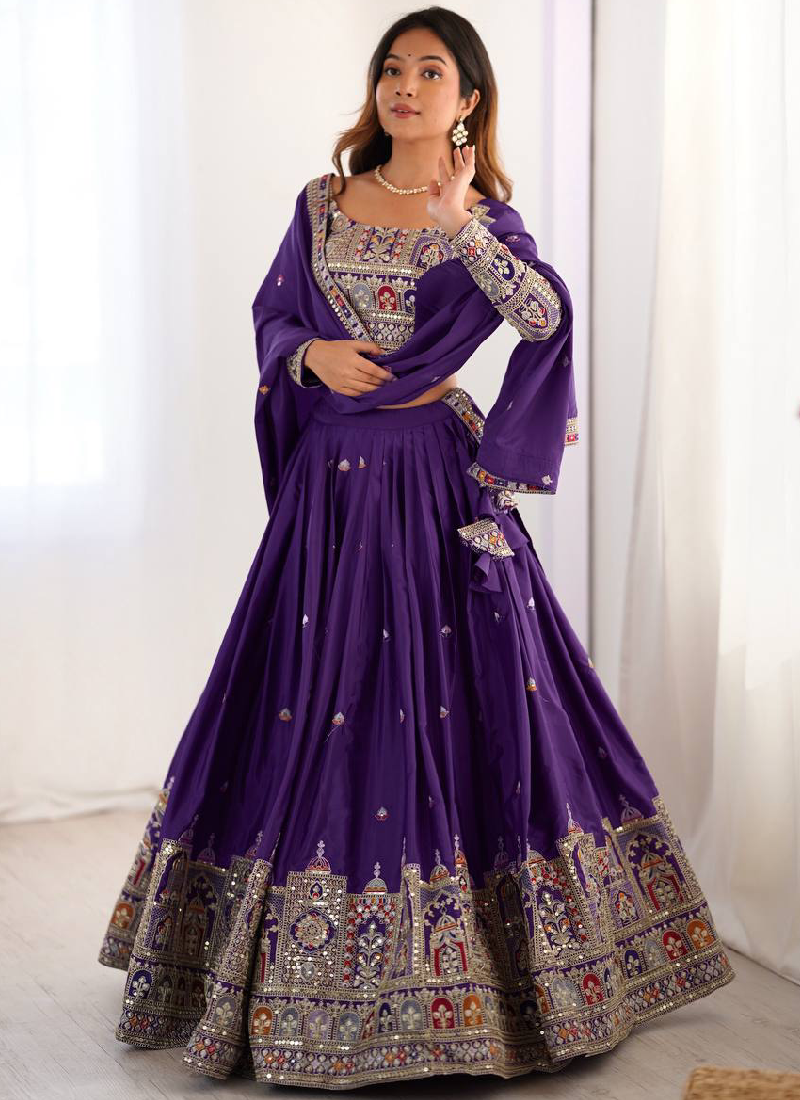 Wonderful Purple Thread Embroidery Work Silk Lehenga Choli For Women