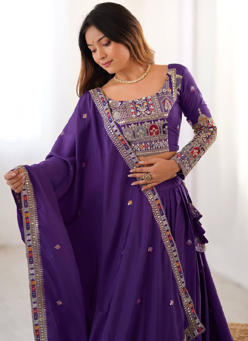 Wonderful Purple Thread Embroidery Work Silk Lehenga Choli For Women