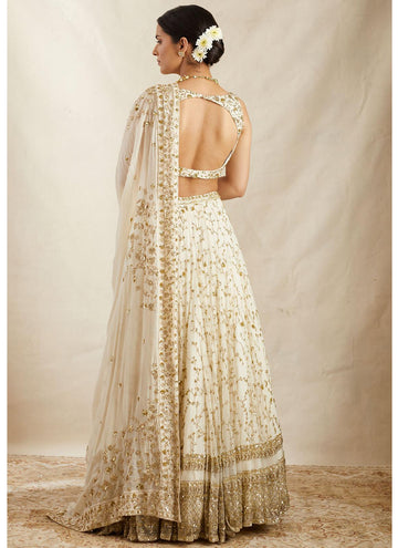 Zari Sequence Embroidered Georgette White Lehenga Choli