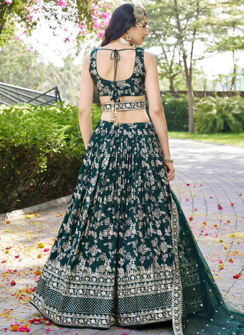 Zari Weaving Sequence Embroidered Dark Green Silk Lehenga Choli Set