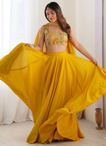 Designer Yellow Haldi Special Georgette Lehenga Choli With Dupatta Set