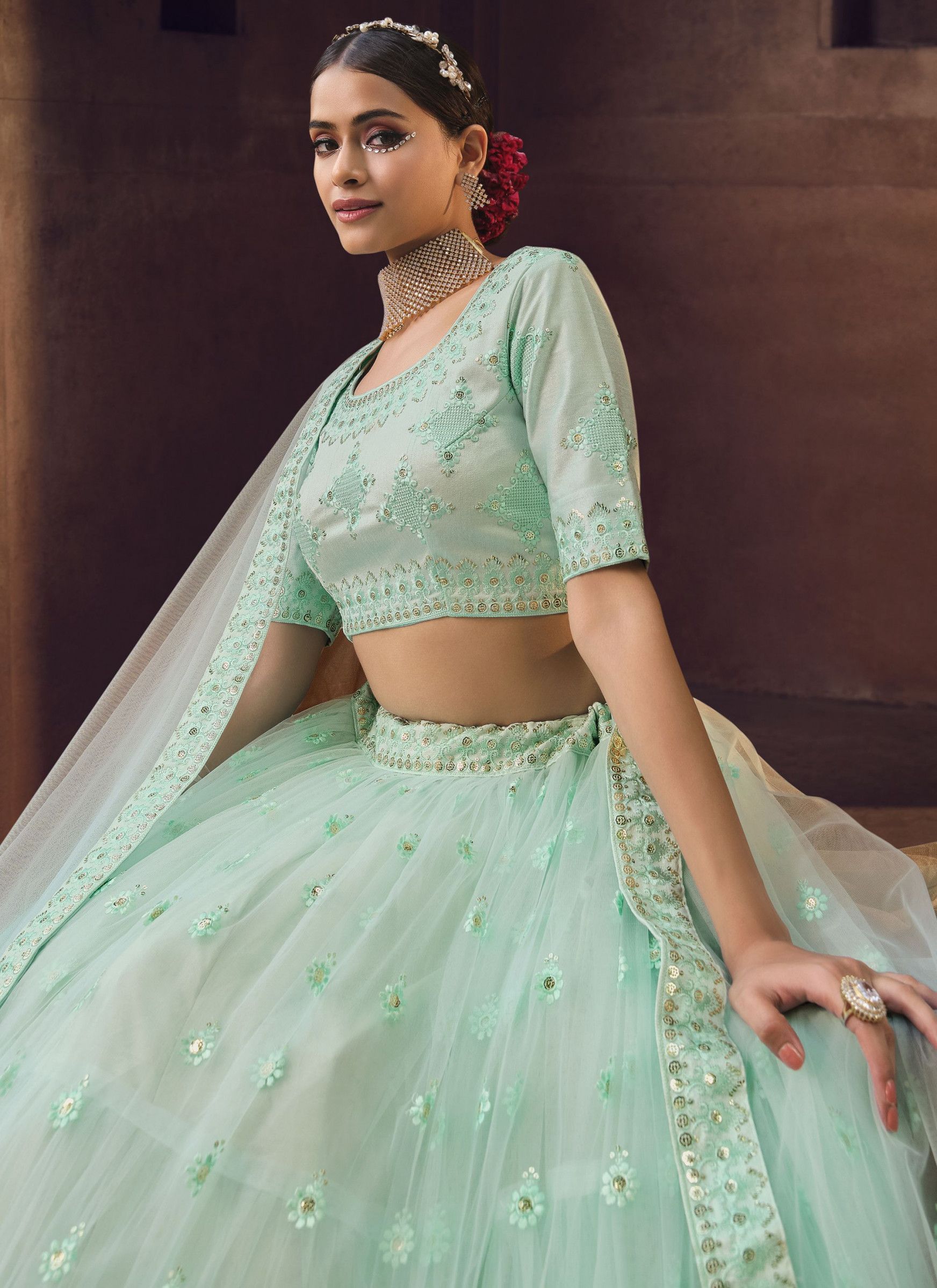 Party Wear Sky Blue Thread Work Marriage Lehenga Choli