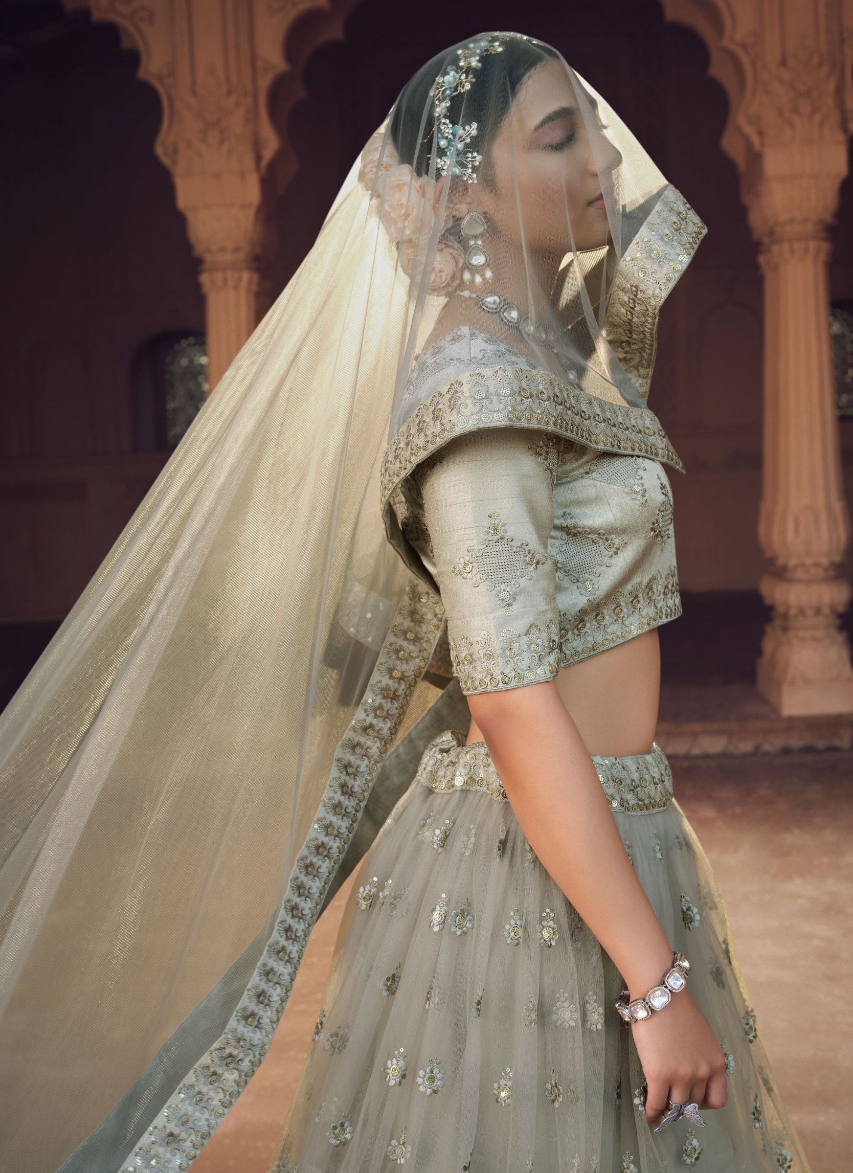 Grey Sequence Work Soft Net Latest Designer Lehenga Choli
