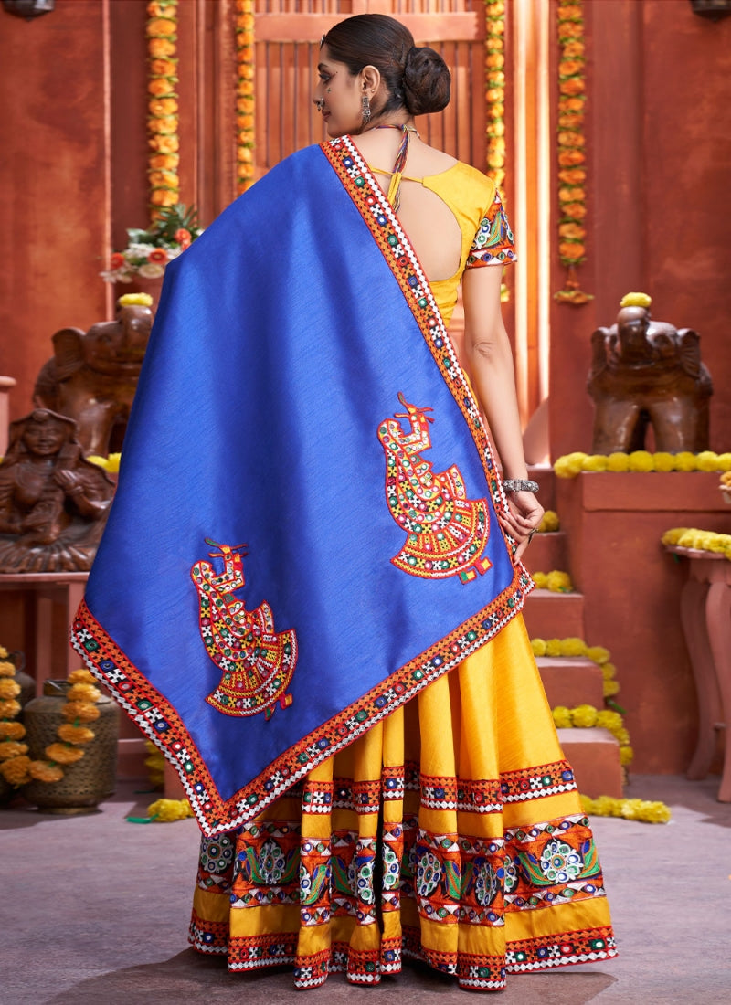 Navratri Special Art Silk Yellow Gamthi Style Mirror Chaniya Choli