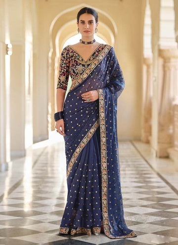 Stylish Navy Blue Ceremonial Embroidered Saree And Blouse