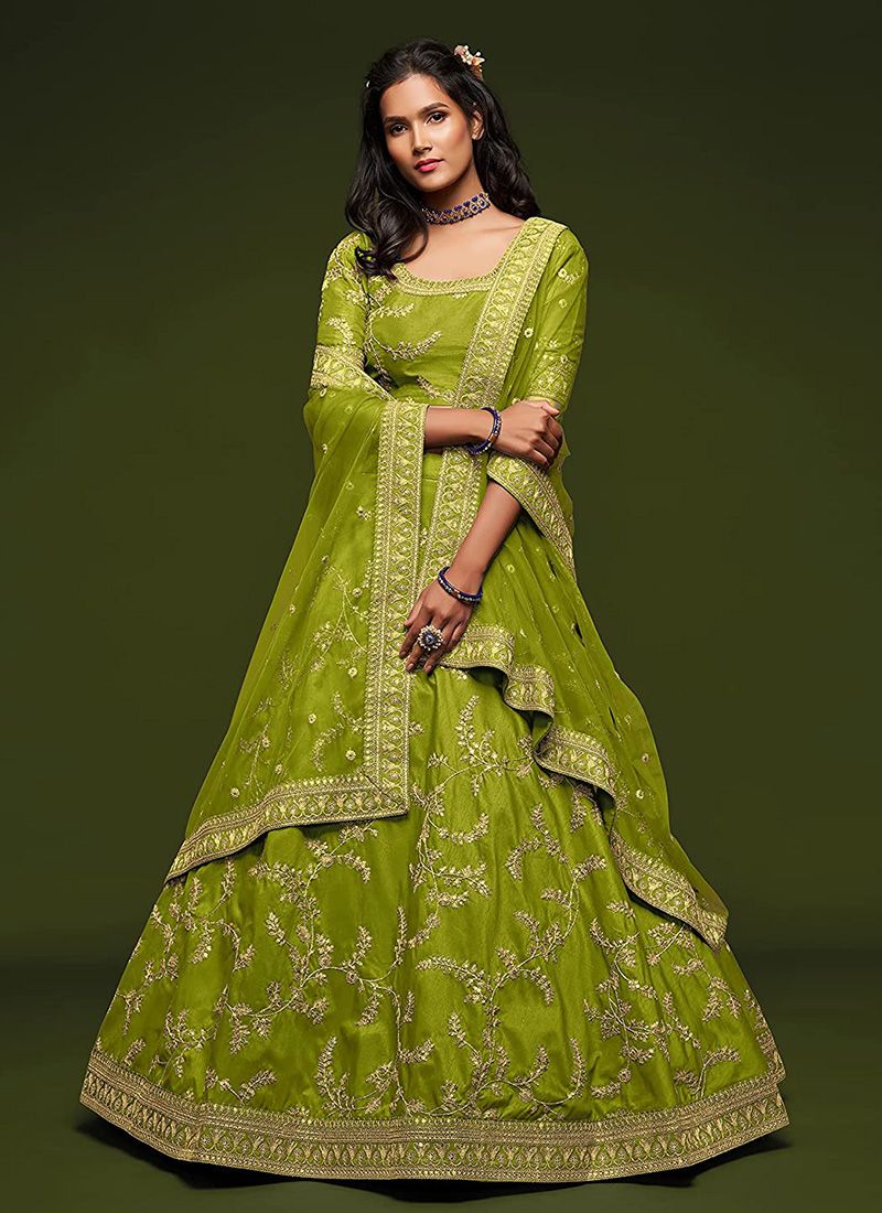 Neon Green Art Silk Lehenga Choli Dupatta Set