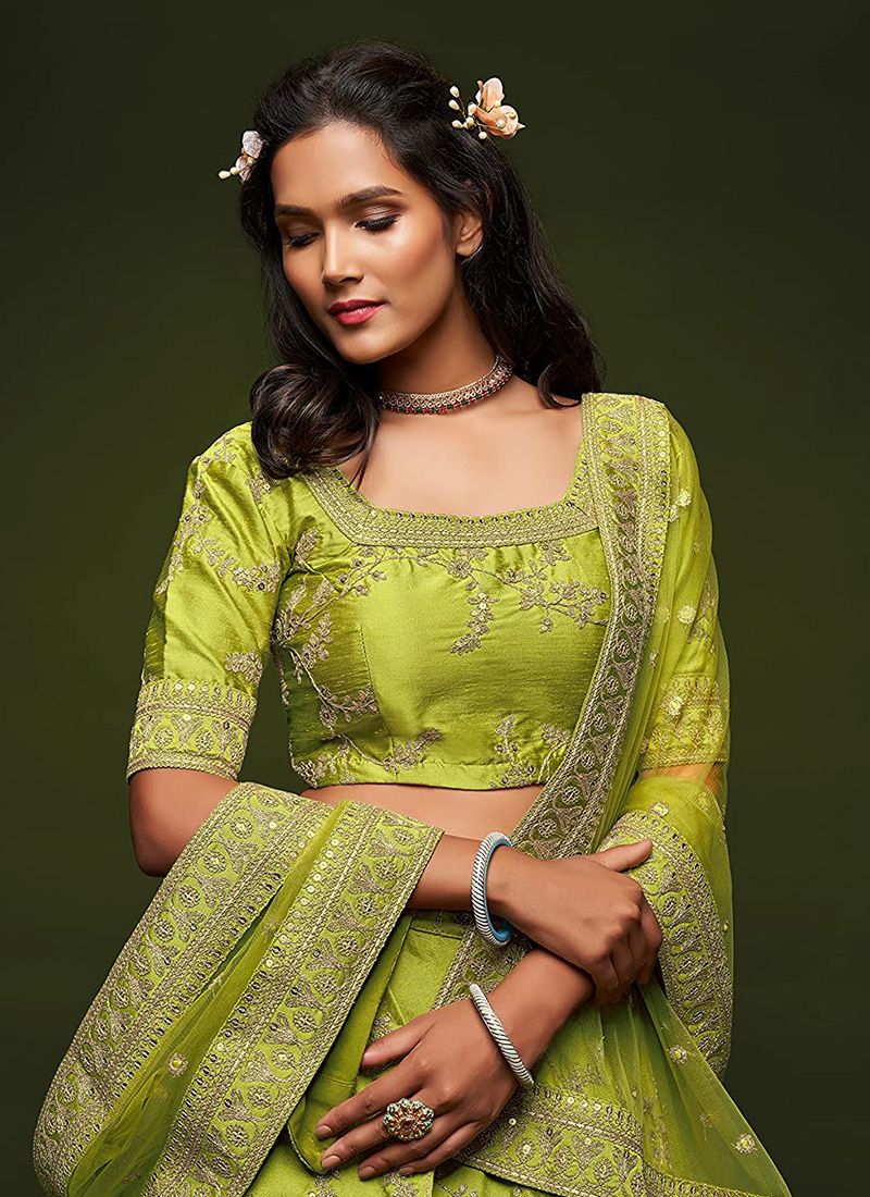 Neon Green Art Silk Lehenga Choli Dupatta Set