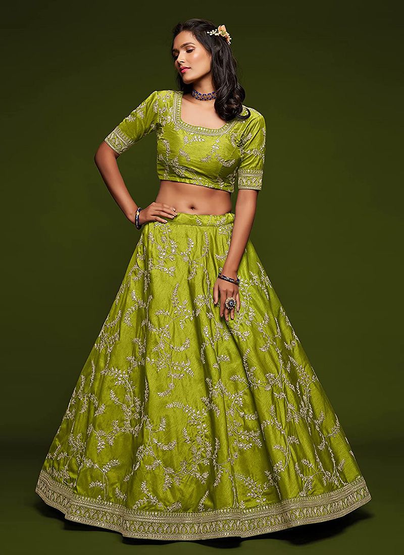 Neon Green Art Silk Lehenga Choli Dupatta Set