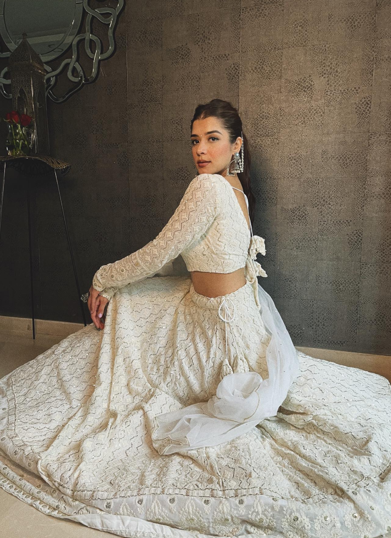 Eye-Catching Lakhnavi Work White Lehenga Choli