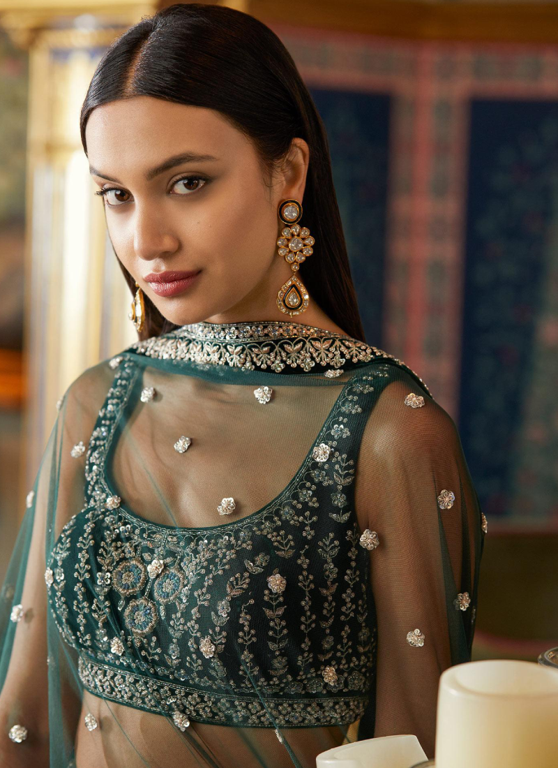 Bottle Green Georgette Floral Embroidered Bridal Lehenga Choli