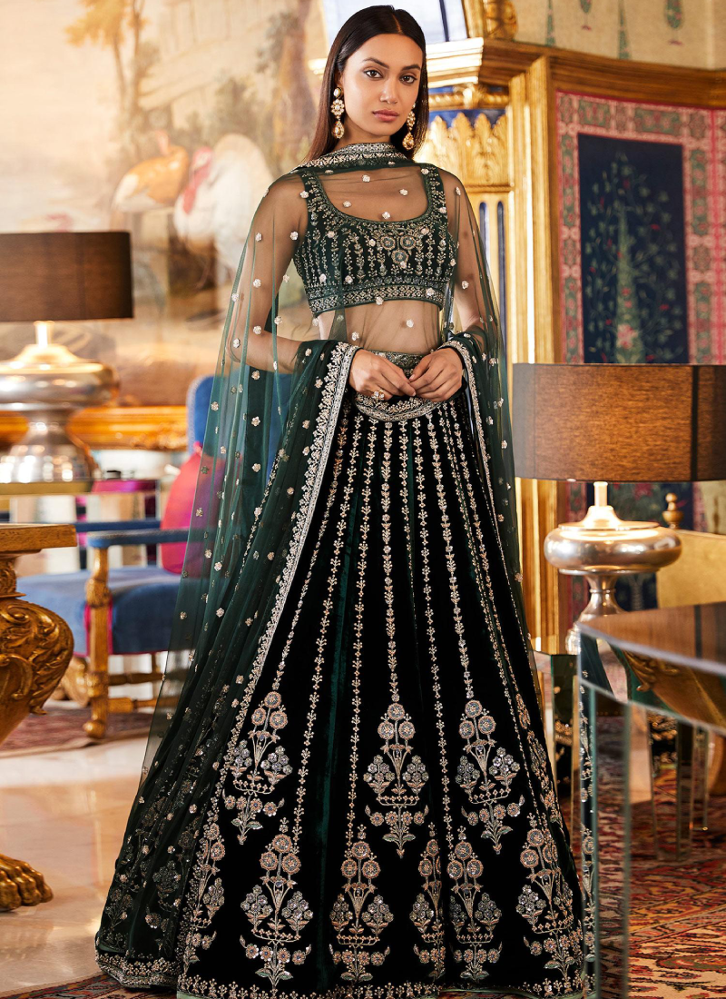 Bottle Green Georgette Floral Embroidered Bridal Lehenga Choli