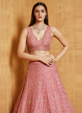 Malai Silk Pink Zari Embroidery Work Lehenga Choli