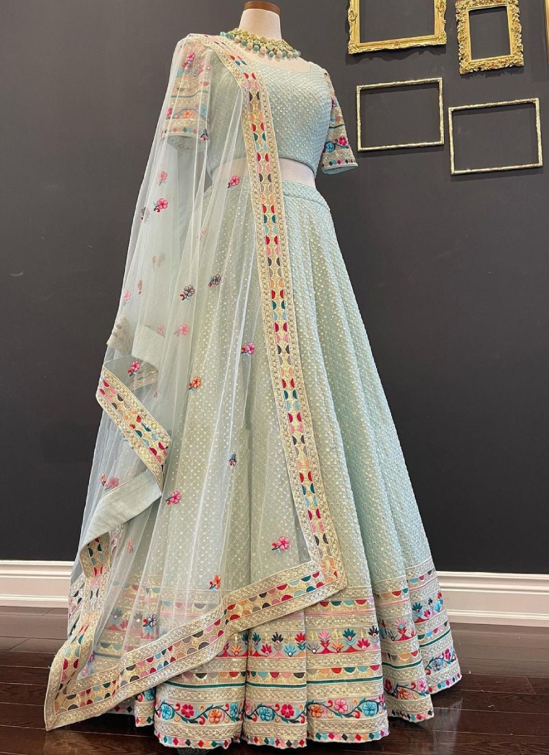 Multi Thread Embroidery Work Sky Blue chaniya choli Online