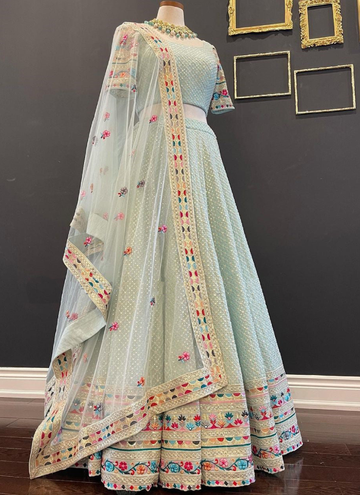 Multi Thread Embroidery Work Sky Blue chaniya choli Online