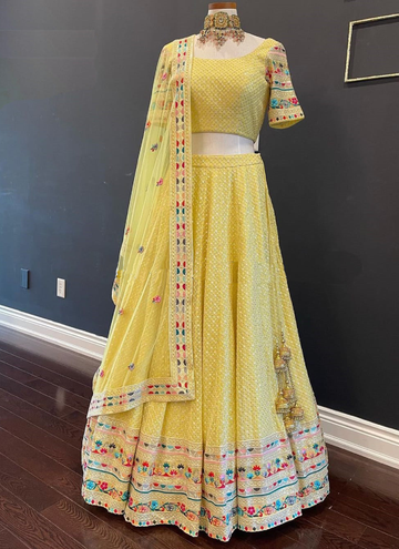 Stylish Yellow Embroidery Work Designer Yellow Lehenga for Haldi