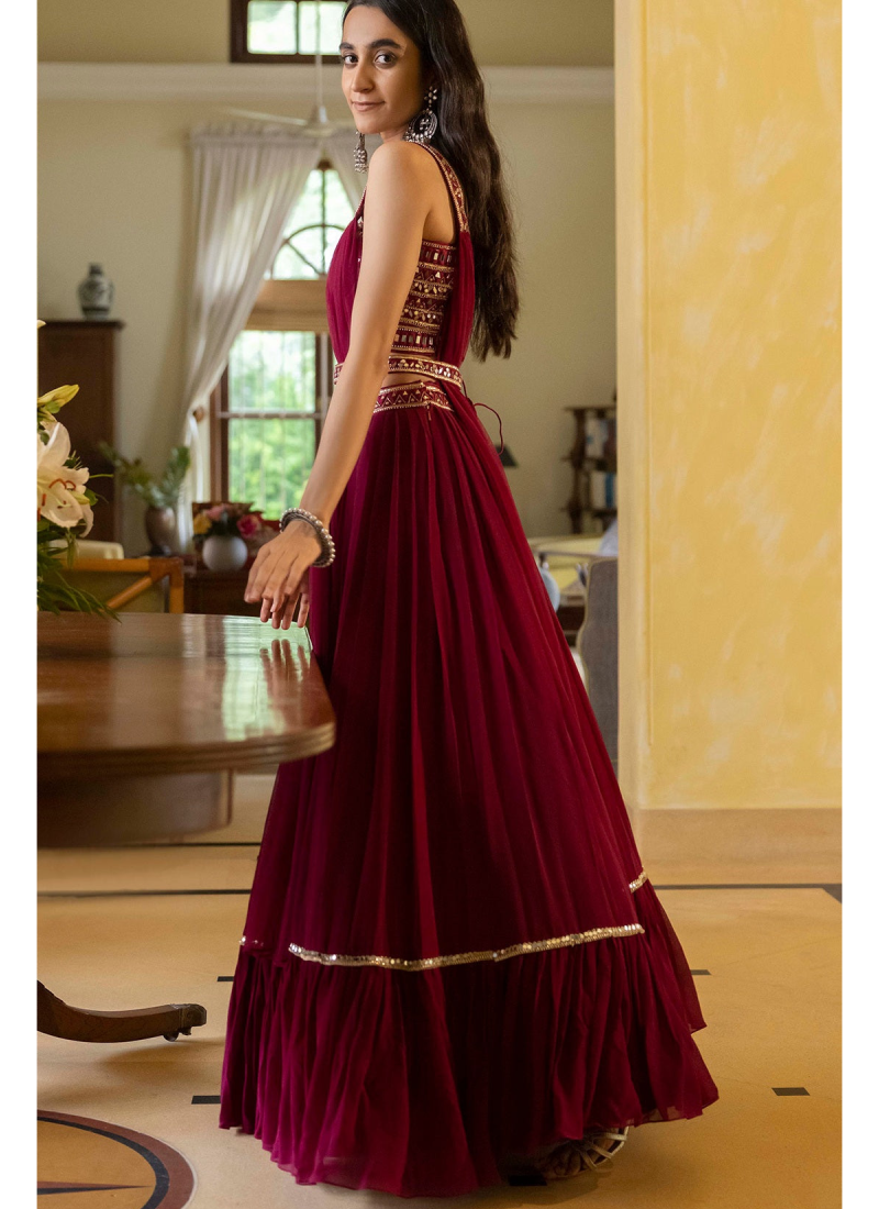 Designer Georgette Wine Lehenga Set With Mirror Work