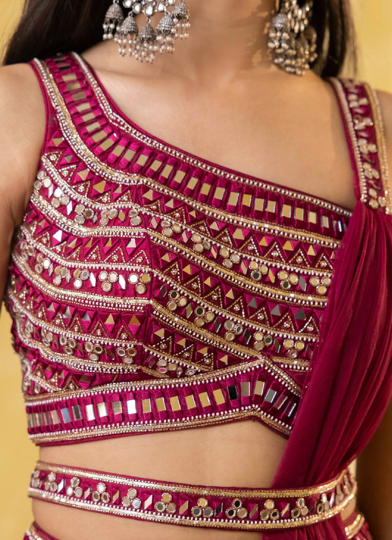 Designer Georgette Wine Lehenga Set With Mirror Work