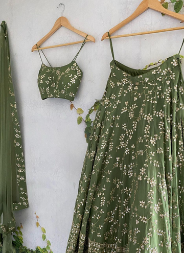Designer Green Zari Work Georgette Lehenga For Women