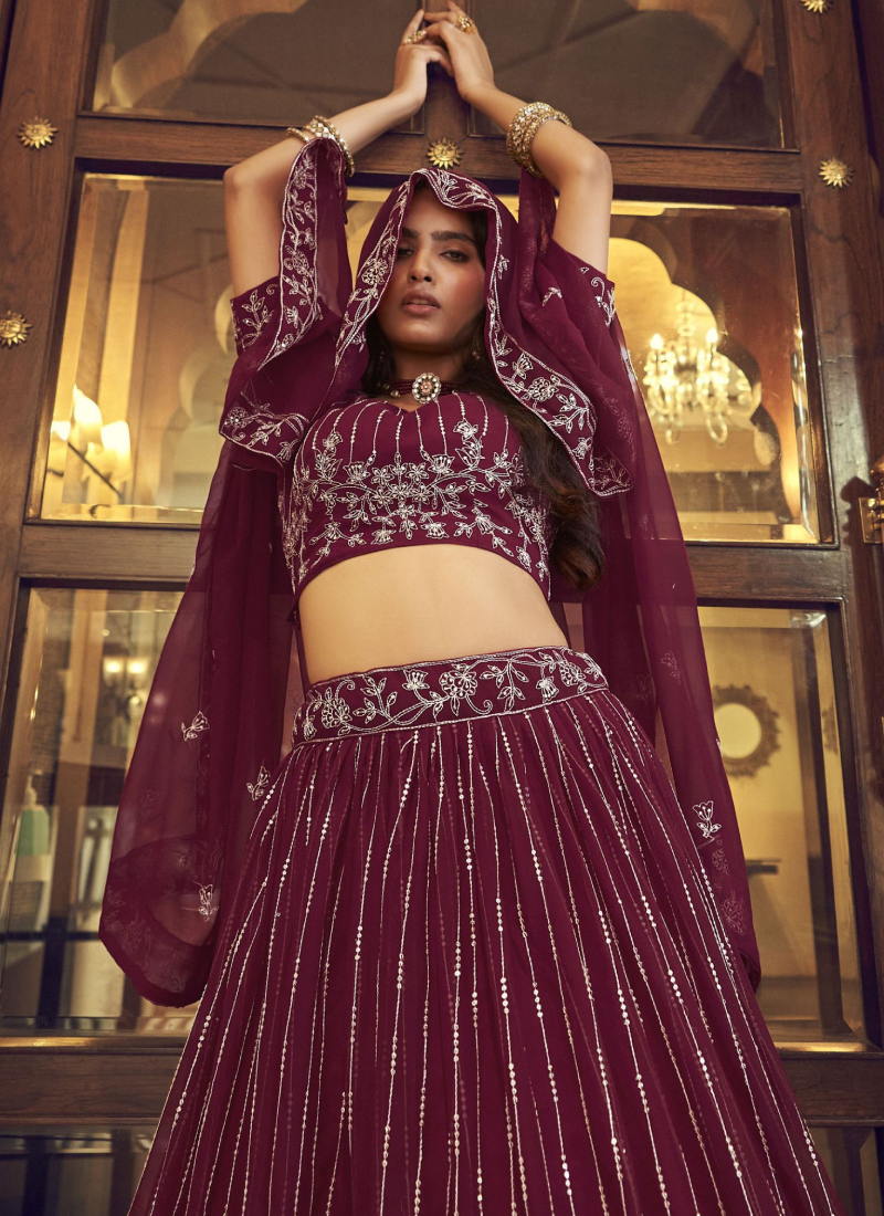 Prettiest Wine Faux Georgette Viscose Thread Work Lehenga