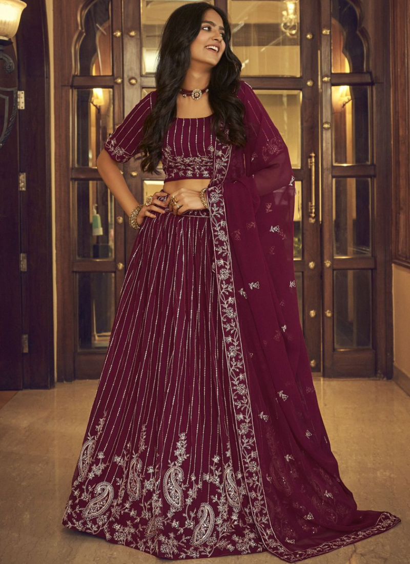 Prettiest Wine Faux Georgette Viscose Thread Work Lehenga