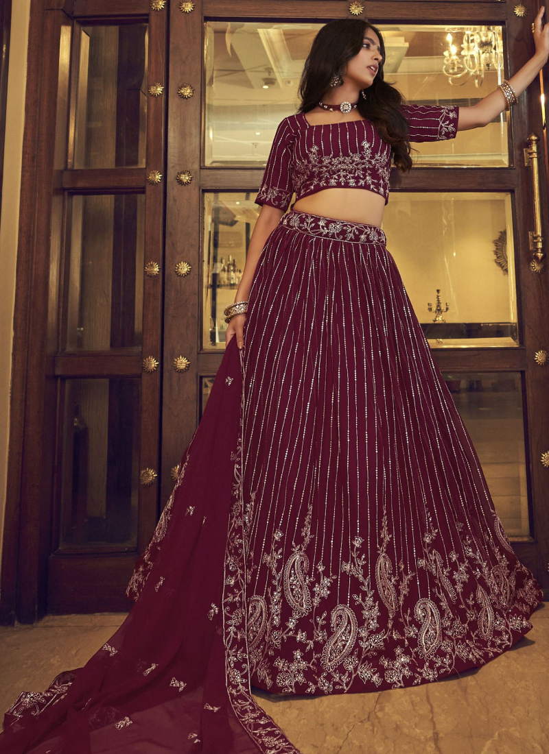 Prettiest Wine Faux Georgette Viscose Thread Work Lehenga