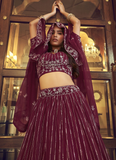 Prettiest Wine Faux Georgette Viscose Thread Work Lehenga