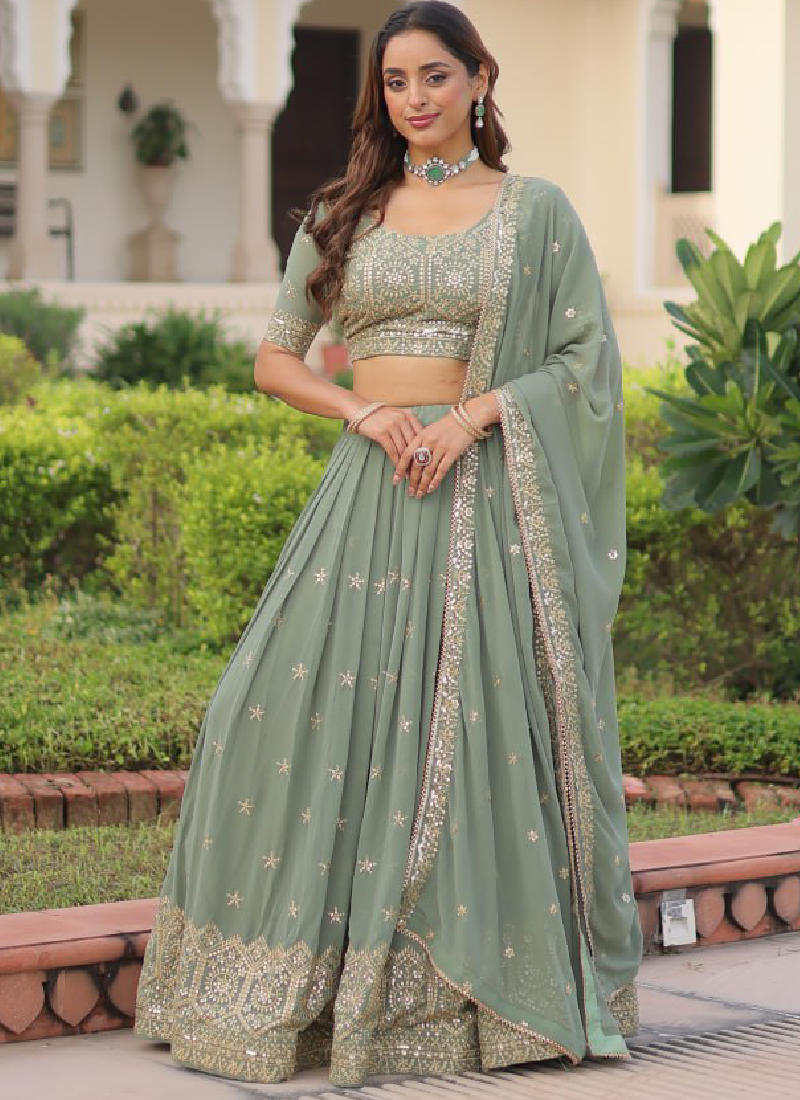 Adorable Pista Green Zari Embroidered Georgette Wedding Lehenga Choli