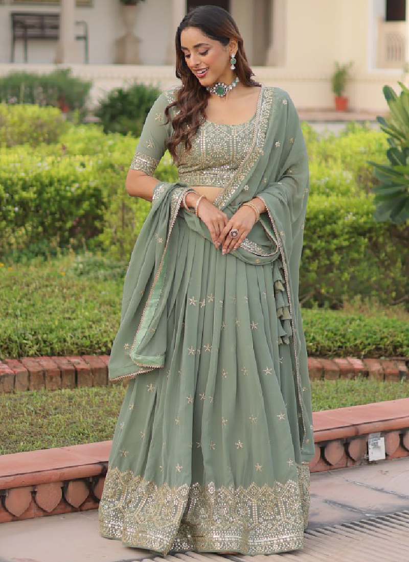 Adorable Pista Green Zari Embroidered Georgette Wedding Lehenga Choli