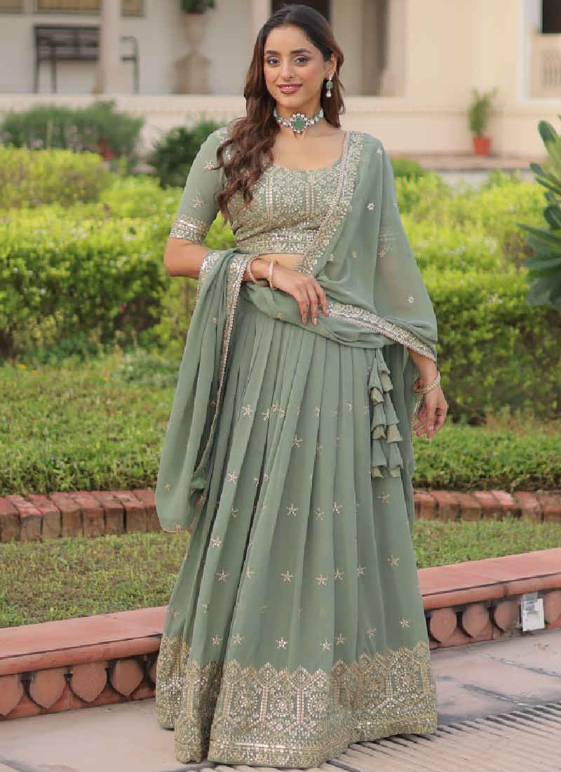 Adorable Pista Green Zari Embroidered Georgette Wedding Lehenga Choli