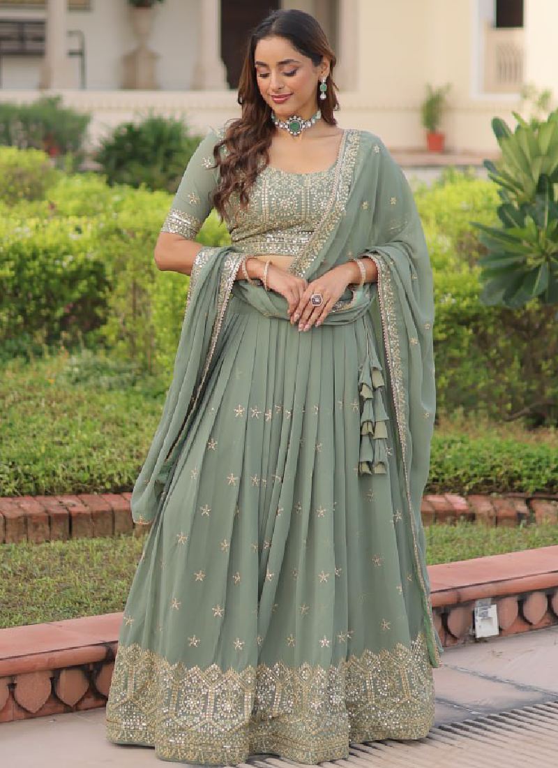 Adorable Pista Green Zari Embroidered Georgette Wedding Lehenga Choli
