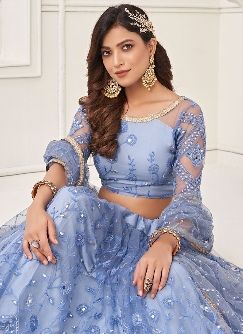 Aesthetically Light Blue Soft Net Thread Work Lehenga Choli