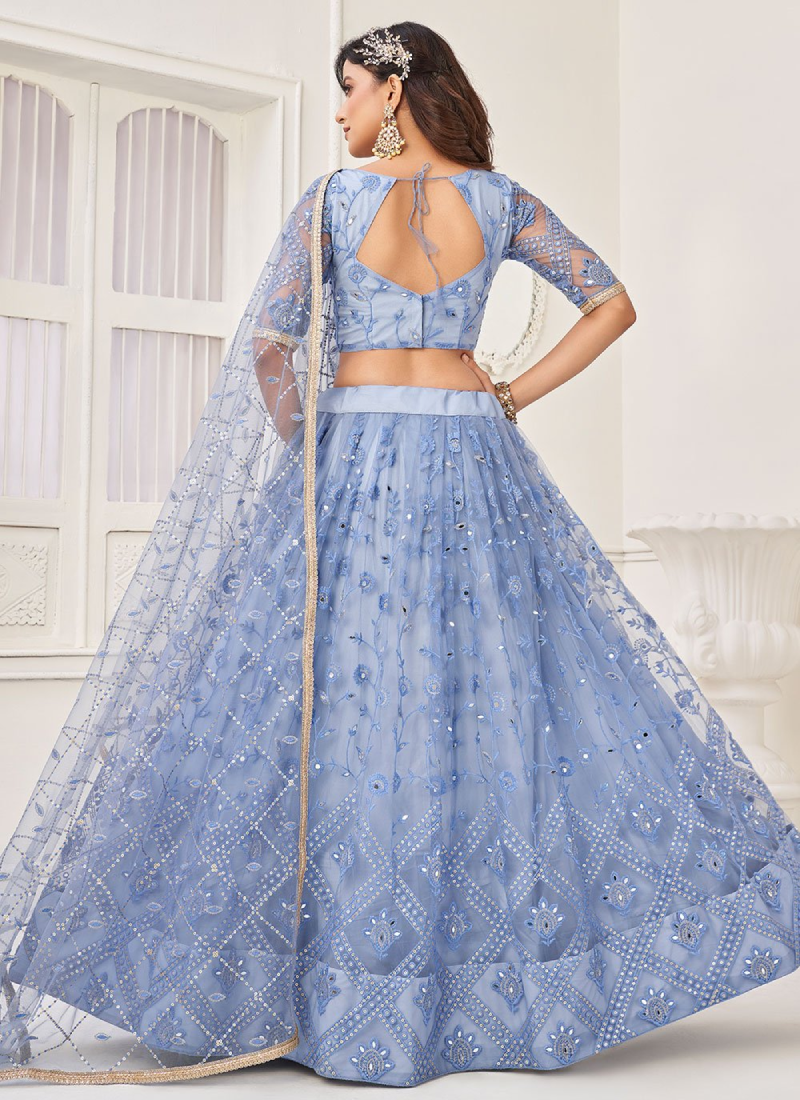Aesthetically Light Blue Soft Net Thread Work Lehenga Choli