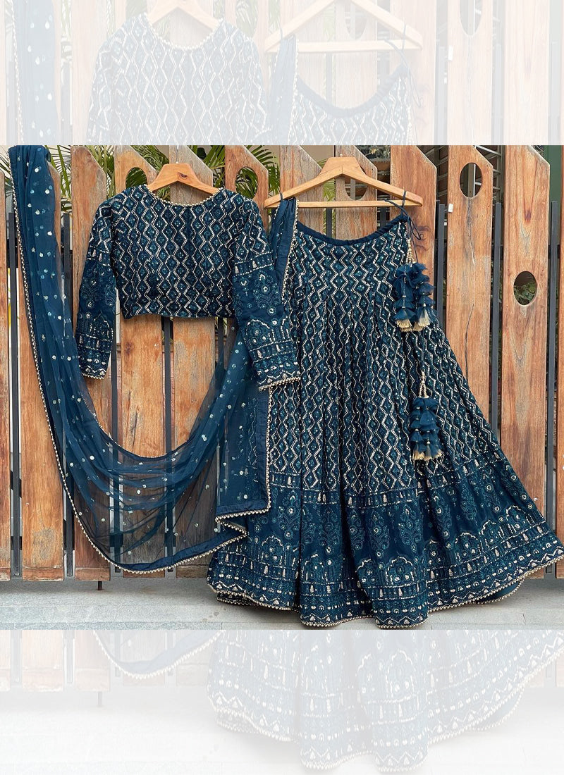 Aesthetically Sequence Embroidered Blue Georgette Lehenga Choli