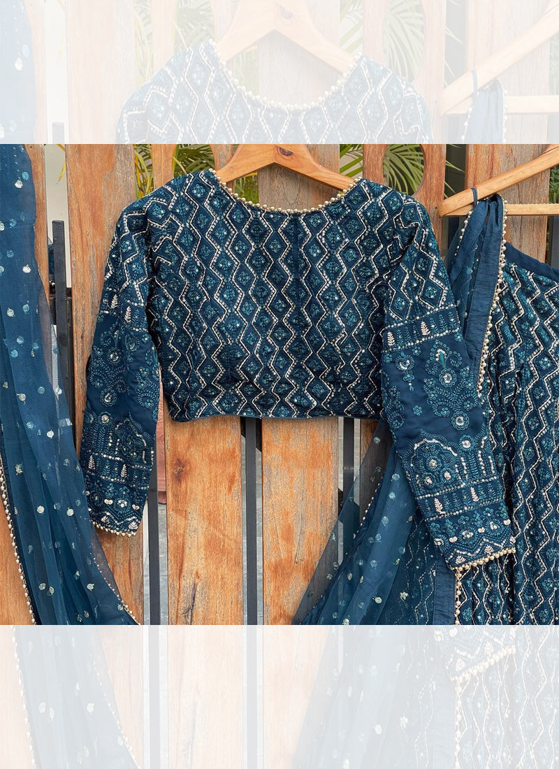 Aesthetically Sequence Embroidered Blue Georgette Lehenga Choli